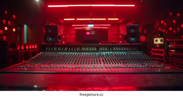 A dimly lit recording studio with a large mixing console and speakers.