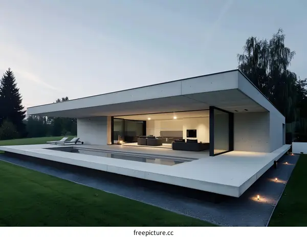 Modern Concrete House with Swimming Pool and Lawn