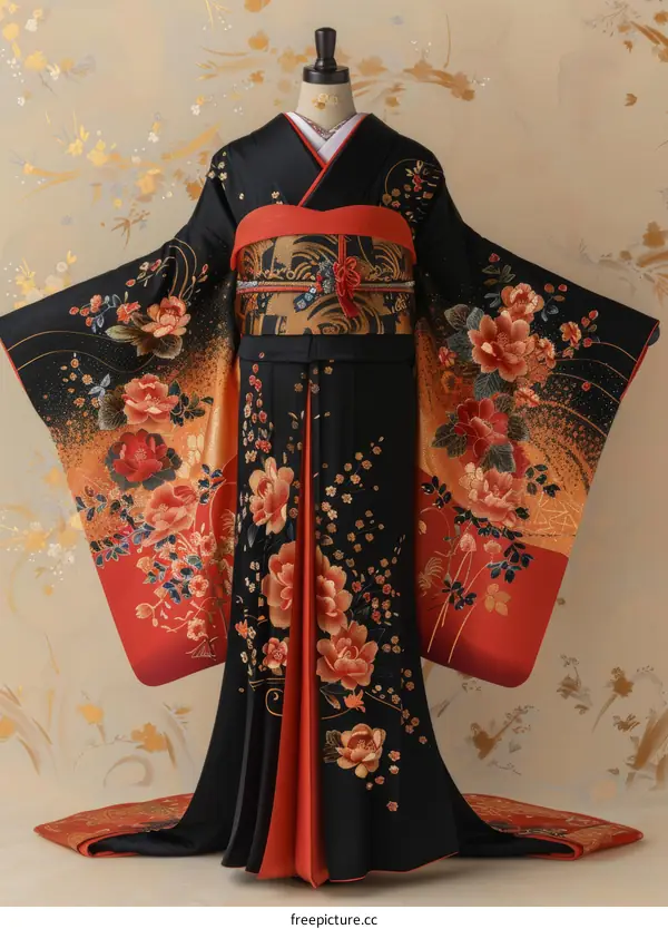Black and Red Japanese Kimono with Floral Designs