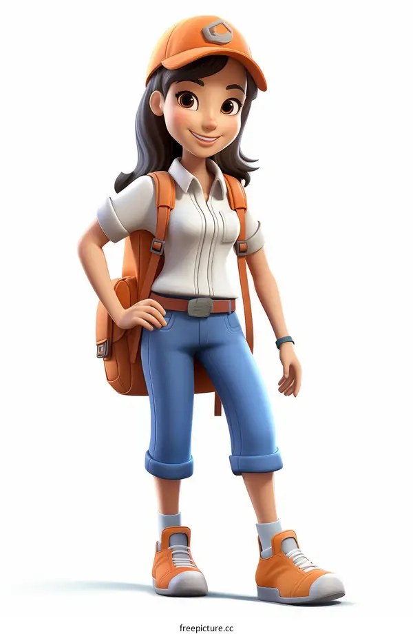 A young girl wearing a cap and a backpack is standing and smiling