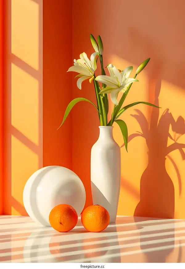 White Vase with Flowers and Oranges in Sunlight