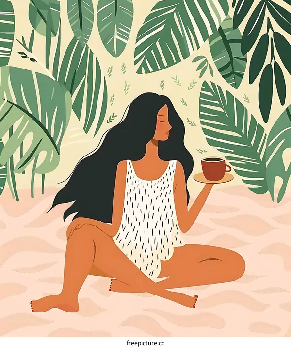 Woman Sitting with Coffee in Tropical Leaves Illustration