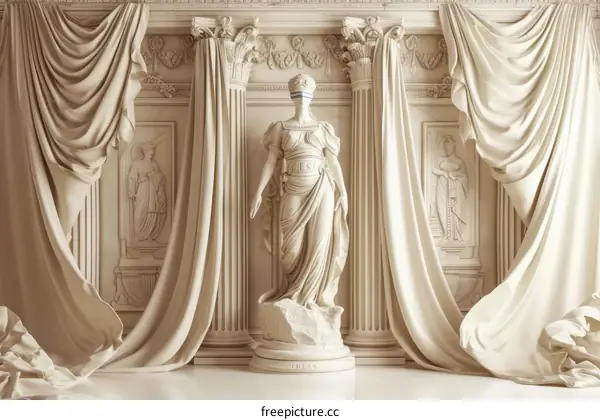 Statue of Justice wearing a blindfold with the letters US across her eyes