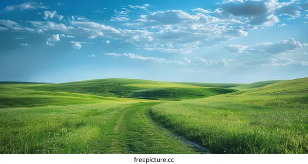Tranquil Countryside Landscape with Serene Green Hills and Clear Blue Sky
