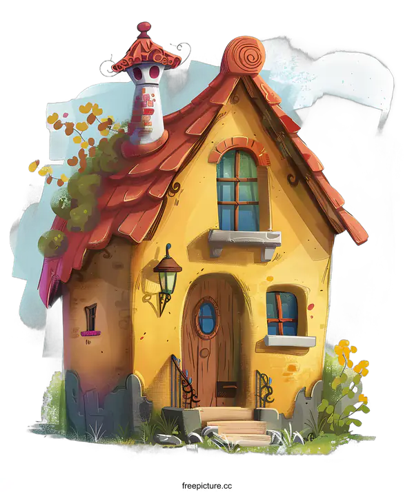 [Transparent Background PNG]Yellow Cartoon House With Red Roof And Garden