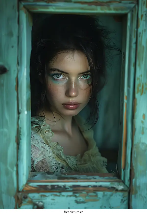 Portrait of a young woman with green eyes and freckles