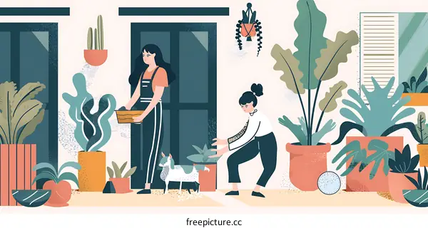 Two Women Planting Plants With a Cat Near the Front Door