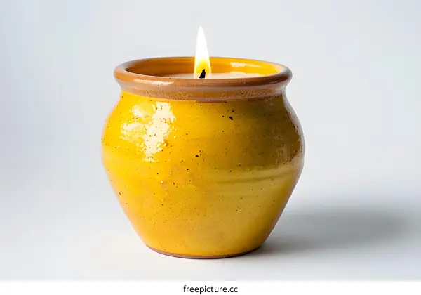 A small yellow ceramic pot with a lit candle inside sits on a white table against a white background.