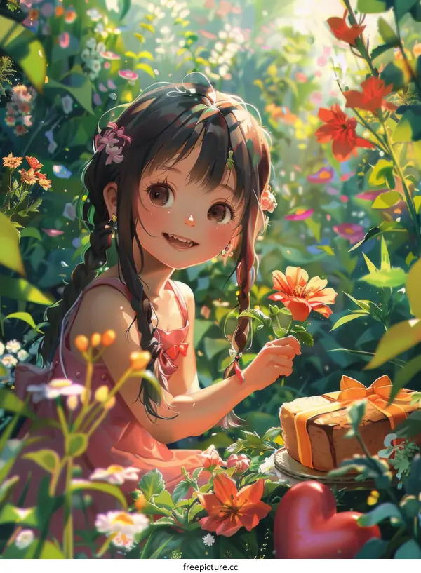 Cute Anime Girl Kneeling in a Pastel Flower Garden