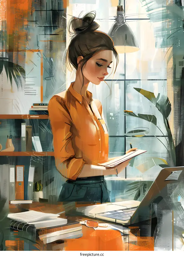 Illustration of a business woman working in an office