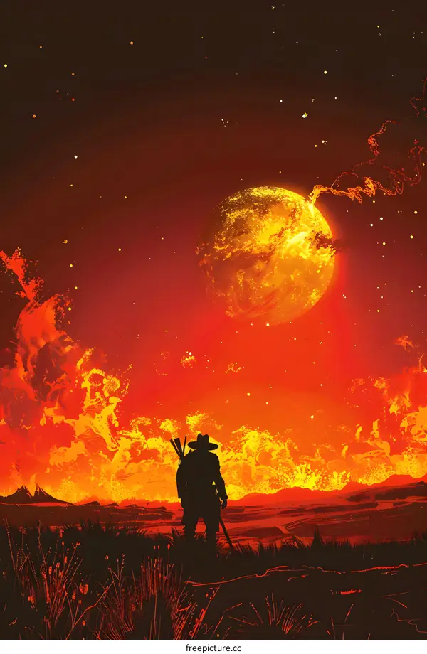 Silhouette of a Man Standing in a Firey Landscape