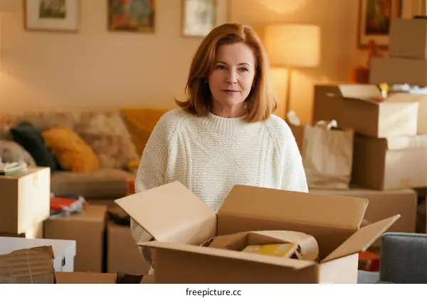 Mature Woman Standing Among Moving Boxes in Living Room