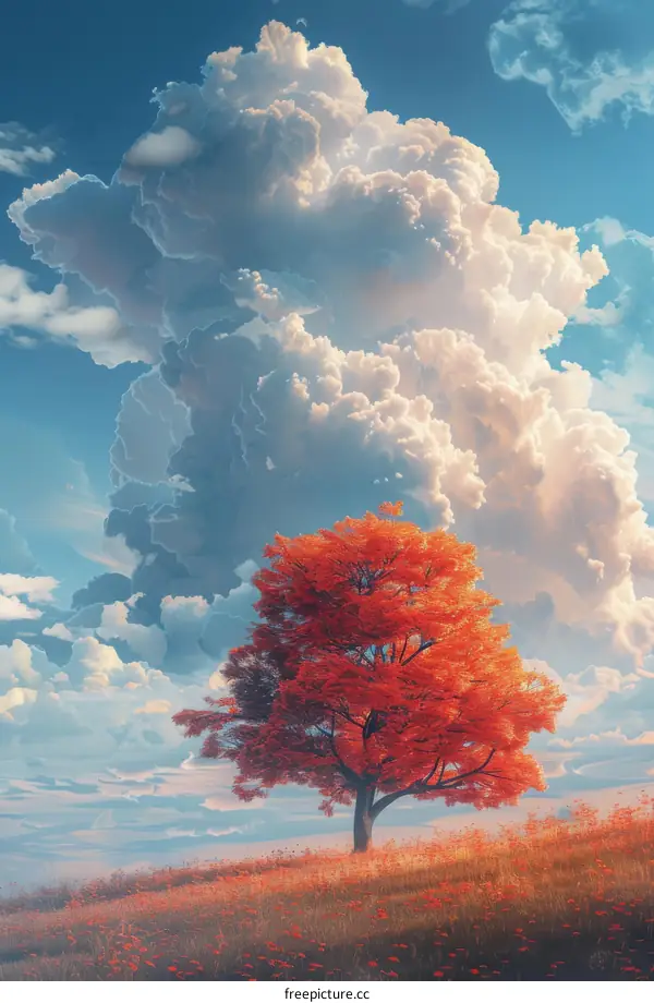 Lonely Tree in a Vast Autumn Meadow