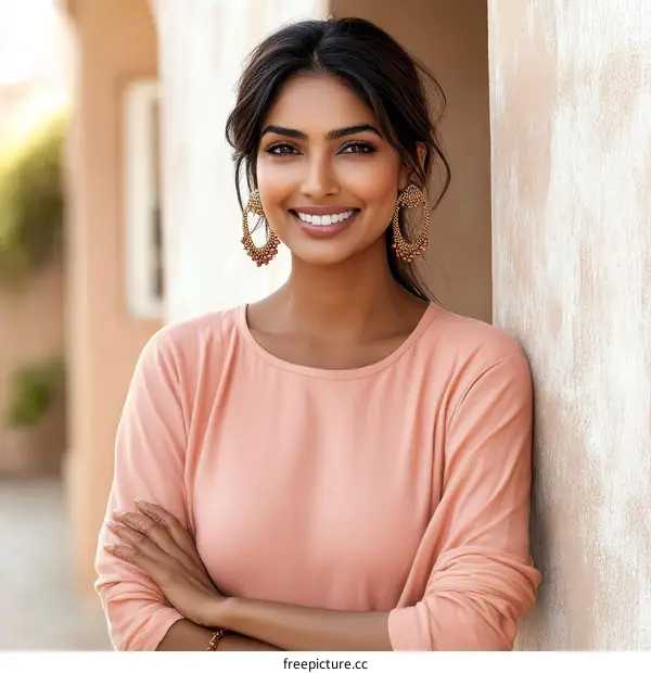 Smiling Woman in a Peach Colored Top