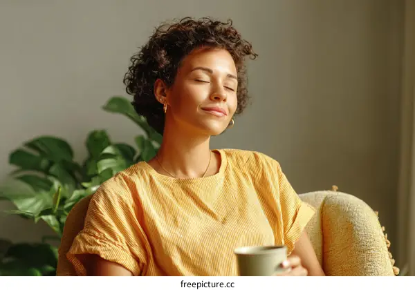 A Young Woman Relaxing with a Cup of Tea at Home