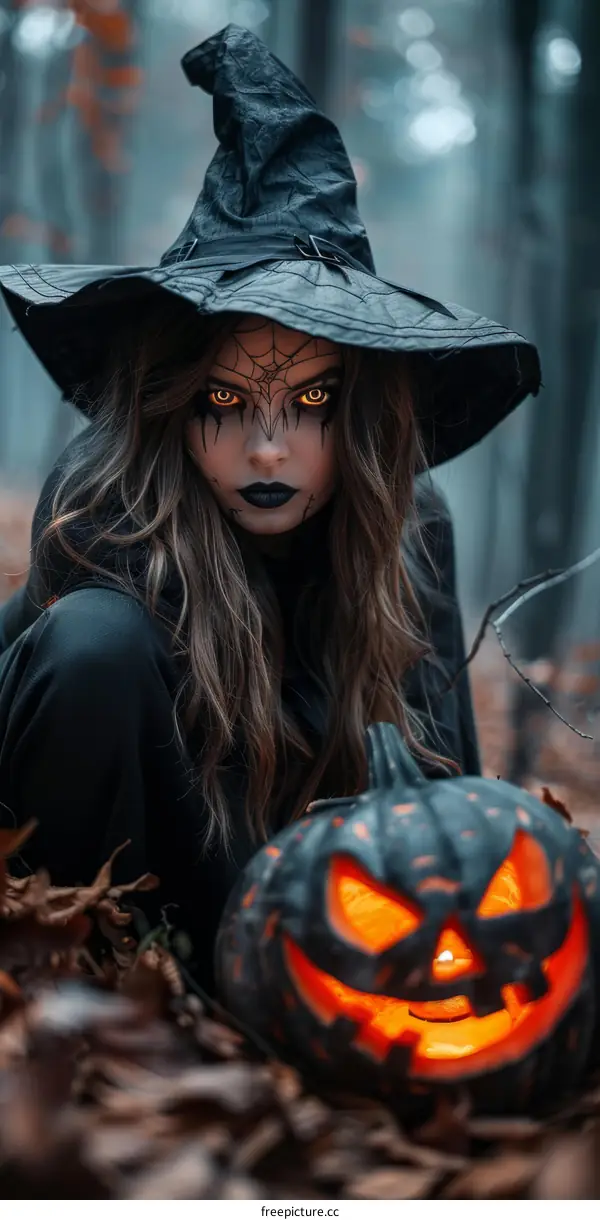 Witch in the woods with a pumpkin