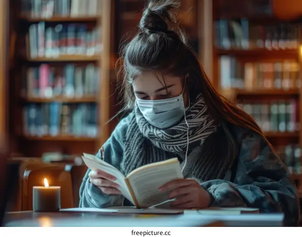 Focused student studying in a library with a candle on the table
