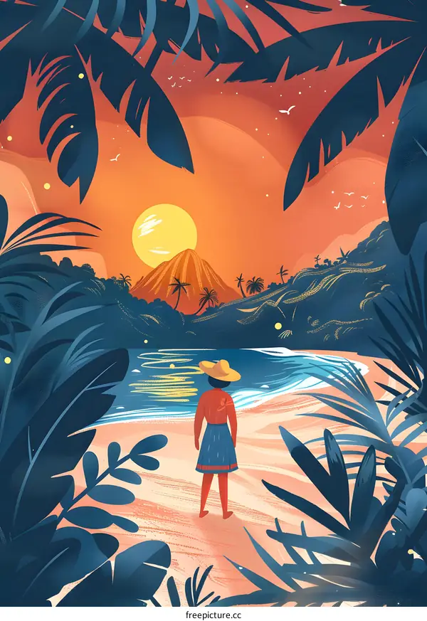 Woman in Hat Standing on a Beach at Sunset with Mountain and Palm Trees