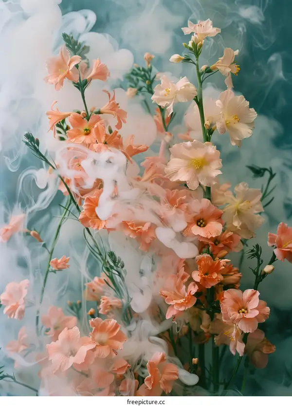 peach colored flowers and white smoke