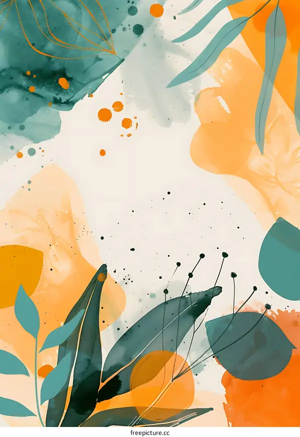 Abstract Watercolor Background With Green and Orange Leaves