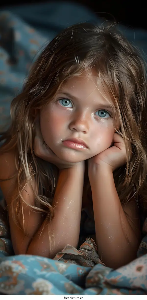 Portrait of a beautiful child with blonde hair and blue eyes