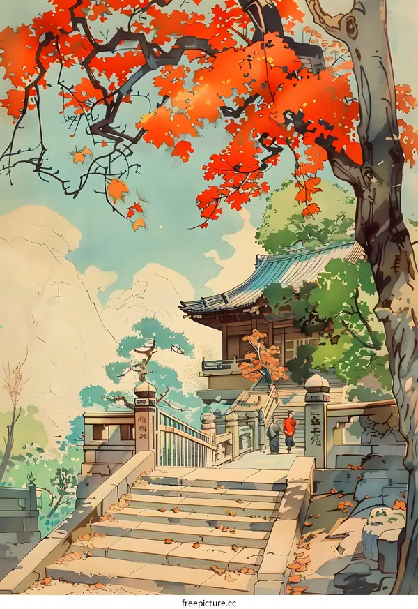 Japanese Temple Autumn Landscape Illustration