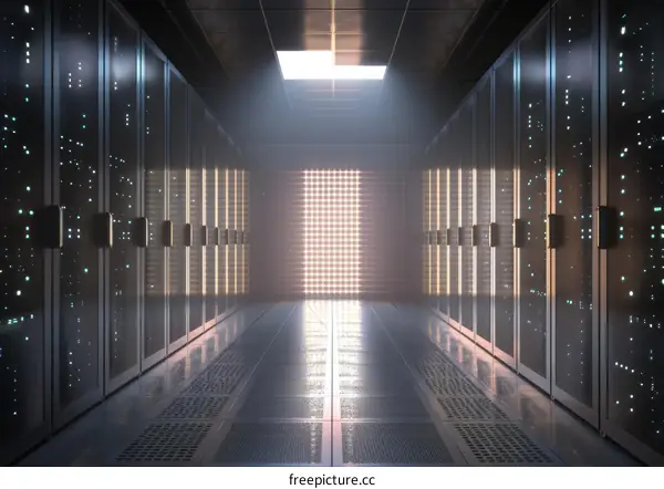Futuristic server room with bright light at the end of the corridor