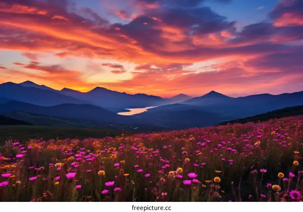 Field of flowers with mountains in the distance