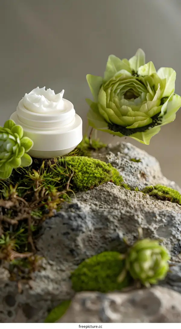White Cream Jar with Green Flowers on Rocks