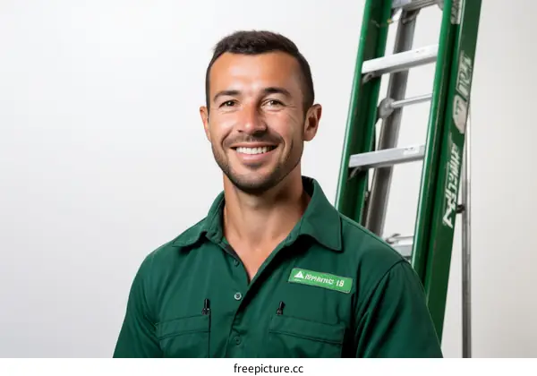 Portrait of a smiling young male technician in green work clothes standing next to a ladder