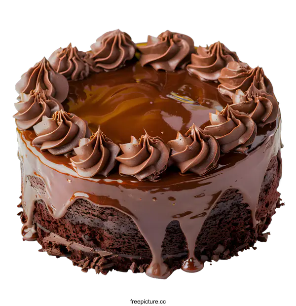 [Transparent Background PNG]A chocolate cake with chocolate frosting and drizzled ganache isolated on a white background