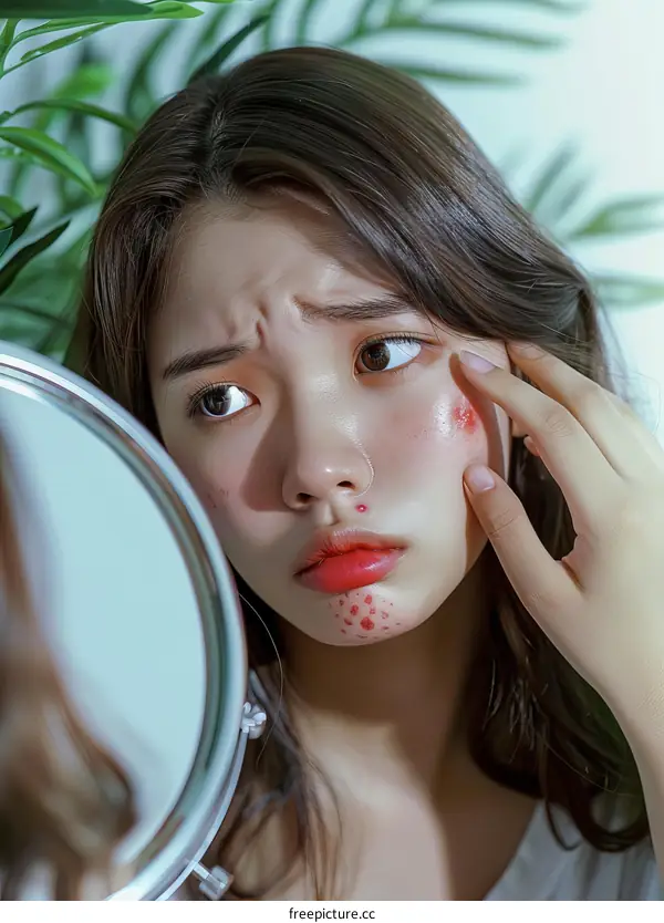 A young woman with acne looking in the mirror