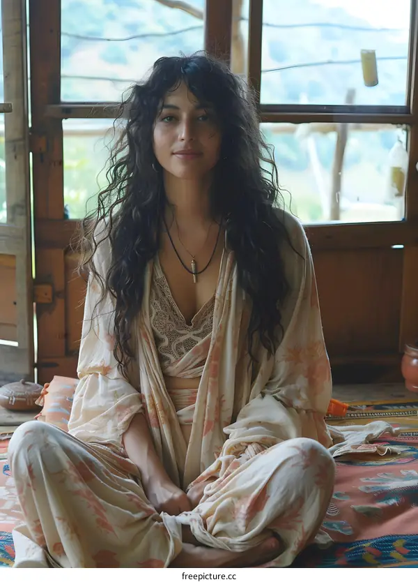Woman Sitting in Rustic Room