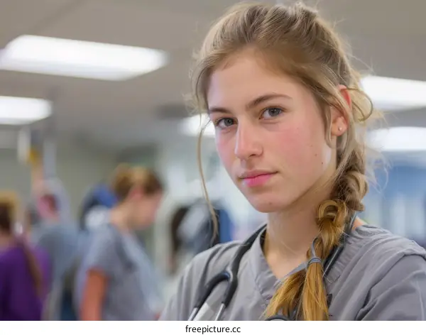 Close-up of a young female veterinarian in scrubs