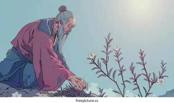 An old man is kneeling and tending to some white flowers.