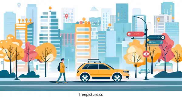 Man Walking in City Street with Car and Trees