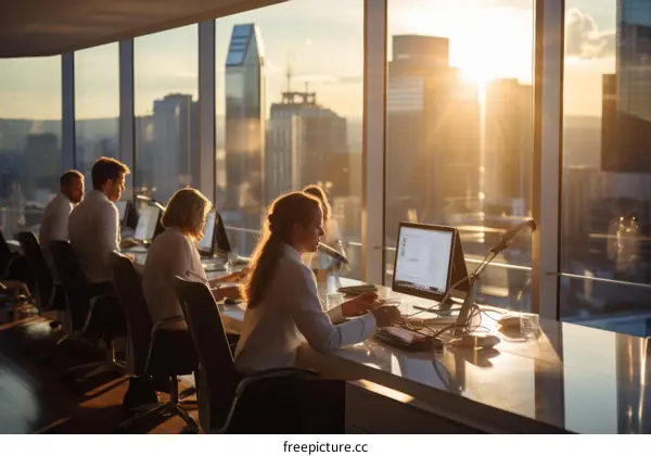 Business people working together in a modern office at sunset