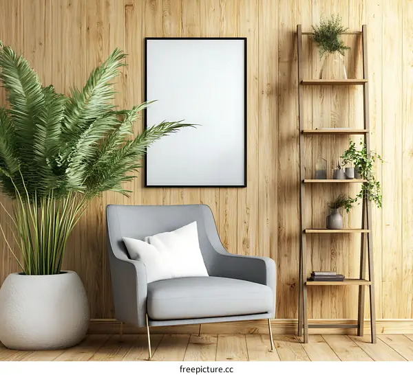 Modern Living Room with Wooden Wall and Greenery
