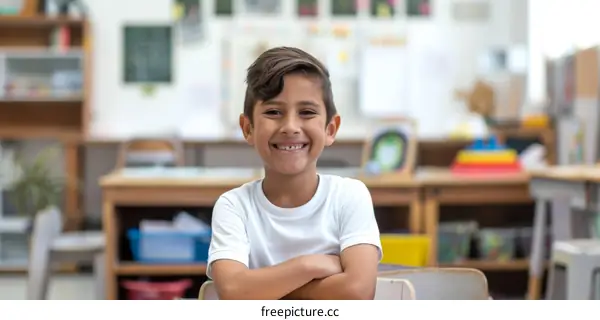 Portrait of a smiling young schoolboy sitting in a classroom