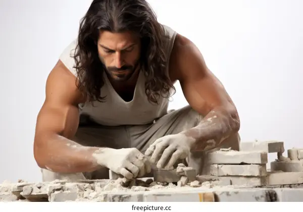 muscular man with long hair building a brick wall