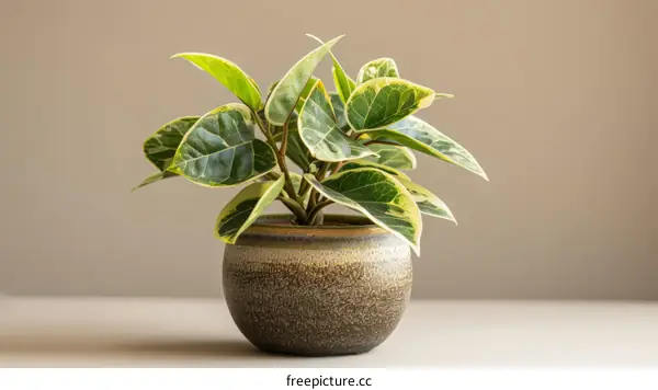 A beautiful variegated Ficus triangularis plant in a ceramic pot.
