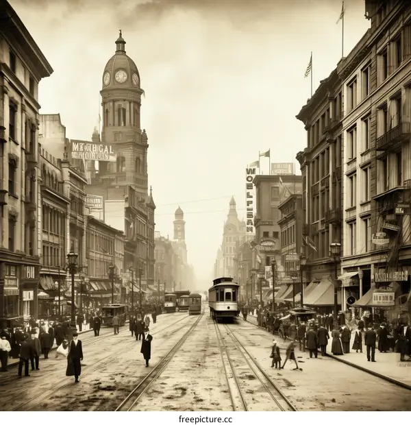 Crowded city street with people, trams, and buildings in the early 20th century