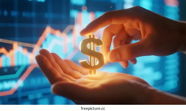 Human Hand Holding Shiny Dollar Symbol Over Stock Chart Background