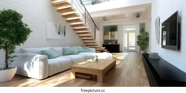 Modern Open-Plan Living Room with Wooden Stairs
