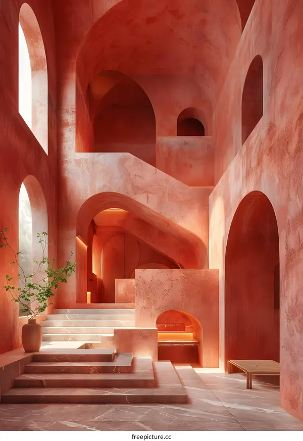 Abstract Red Interior Design With Arches and Stairs