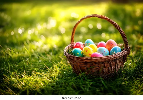 Colorful Easter Eggs in a Basket on Grass