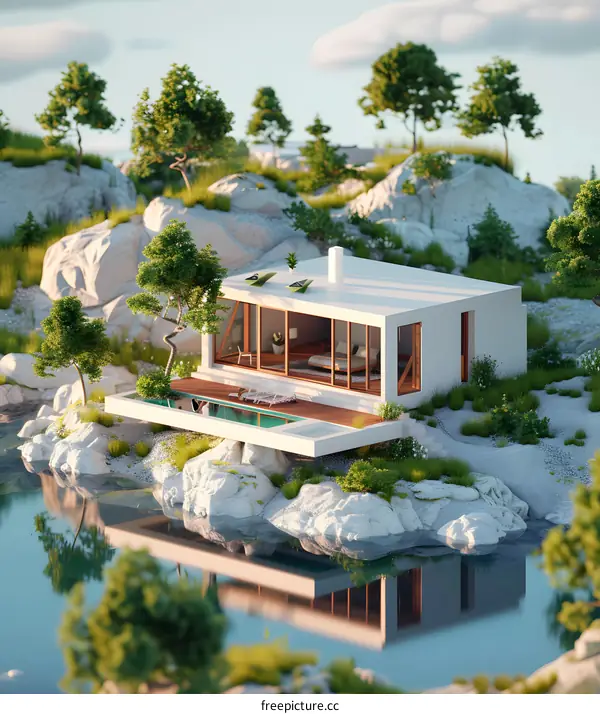 Modern Minimalist House With Infinity Pool on the Rock Island