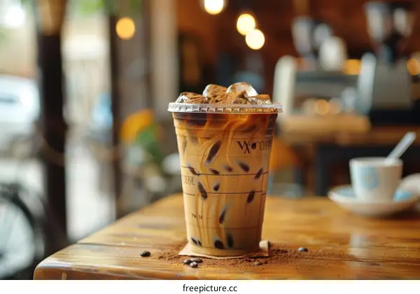 Iced coffee in a plastic cup on a wooden table