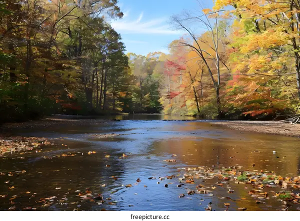 Small river flowing through autumn forest