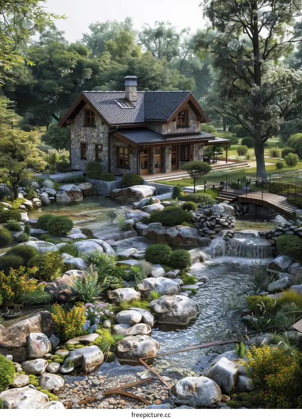 A beautiful stone cottage in a lush green landscape with a river flowing through it